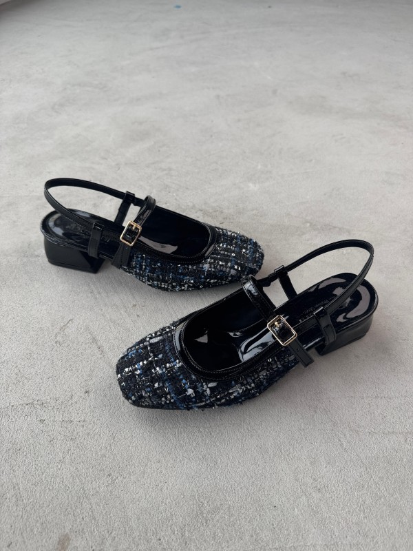 AYK-022 Siyah Mavi İşlemeli Keten Kumaş Tek Bant Kısa Toopuklu Ayakkabı - 2