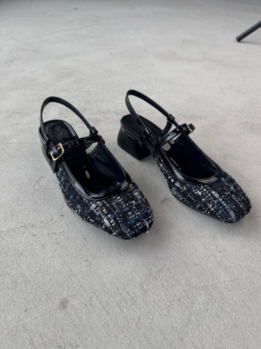 AYK-022 Siyah Mavi İşlemeli Keten Kumaş Tek Bant Kısa Toopuklu Ayakkabı - 3