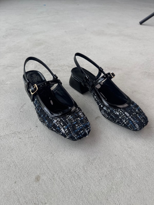 AYK-022 Siyah Mavi İşlemeli Keten Kumaş Tek Bant Kısa Toopuklu Ayakkabı - 3