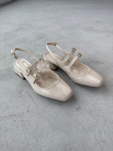 AYK-026 Krem Rengi Rugan Çift Bant Küt Burun Kısa Topuklu Ayakkabı - 3