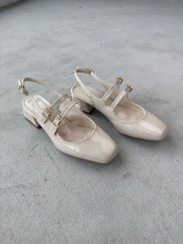 AYK-026 Krem Rengi Rugan Çift Bant Küt Burun Kısa Topuklu Ayakkabı - 3