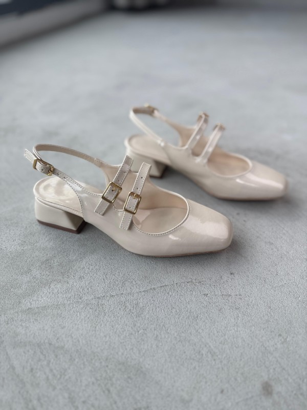 AYK-026 Krem Rengi Rugan Çift Bant Küt Burun Kısa Topuklu Ayakkabı - 1