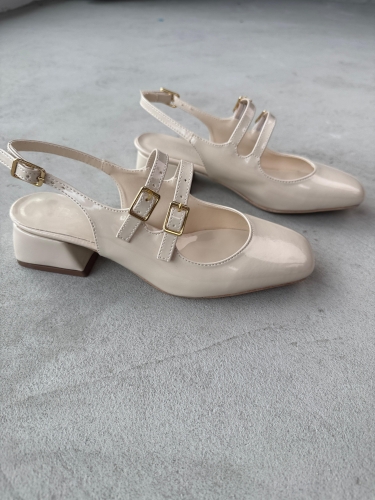 AYK-026 Krem Rengi Rugan Çift Bant Küt Burun Kısa Topuklu Ayakkabı - 2