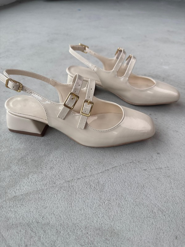 AYK-026 Krem Rengi Rugan Çift Bant Küt Burun Kısa Topuklu Ayakkabı - 2