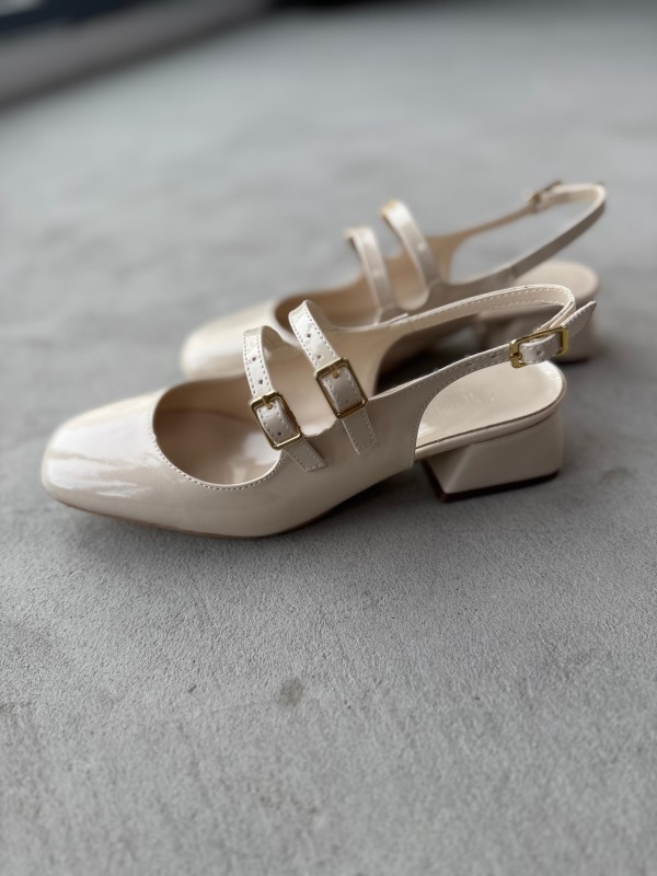 AYK-026 Krem Rengi Rugan Çift Bant Küt Burun Kısa Topuklu Ayakkabı - 4