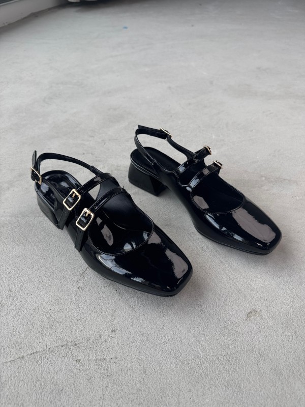 AYK-026 Siyah Rugan Çift Bant Küt Burun Kısa Topuklu Ayakkabı - 1