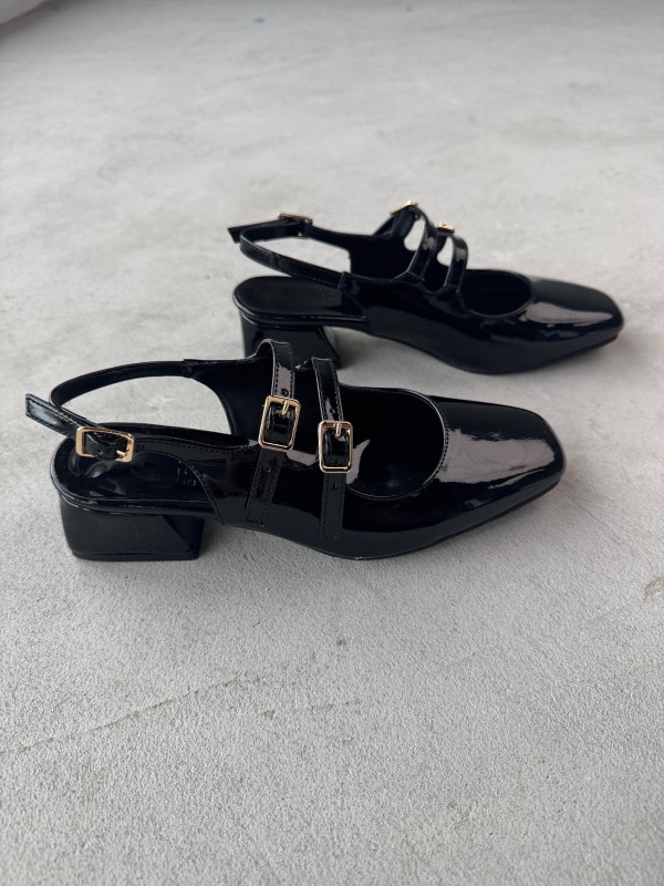 AYK-026 Siyah Rugan Çift Bant Küt Burun Kısa Topuklu Ayakkabı - 2