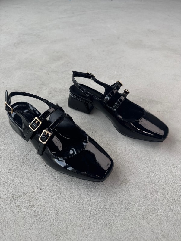 AYK-026 Siyah Rugan Çift Bant Küt Burun Kısa Topuklu Ayakkabı - 3