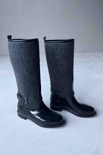 AYK-1009 Füme Kaşe Detay Kemerli Kaymaz Taban Yağmur Çizmesi - 1