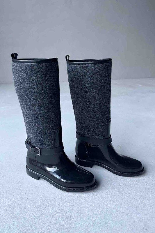 AYK-1009 Füme Kaşe Detay Kemerli Kaymaz Taban Yağmur Çizmesi - 1