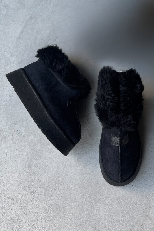 AYK-1011 Siyah İçi Full Kürklü Arka Yazılı Yarım Katlanabilir Çizme - 1