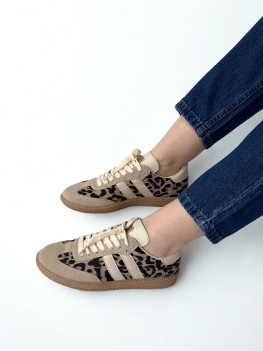AYK-1014 Taş Rengi Leopar SMB Şeritli Sneaker - Cappmoda