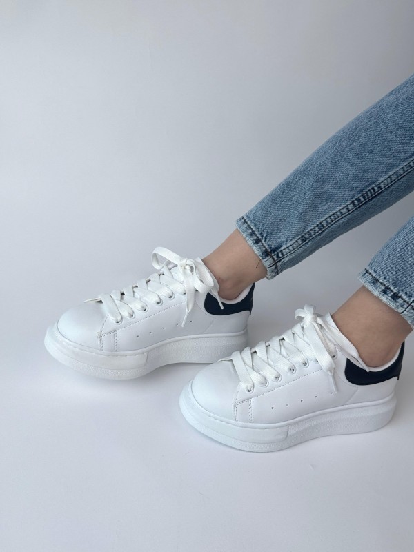 AYK-1017 Beyaza Siyah Detaylı Yüksek Taban Suni Deri Muadil Snekaer - 8