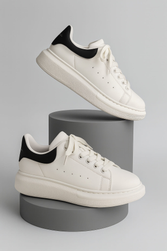 AYK-1017 Beyaza Siyah Detaylı Yüksek Taban Suni Deri Muadil Snekaer - Cappmoda