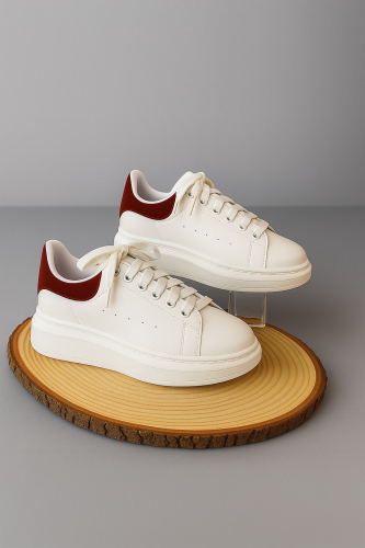 AYK-1017 Beyaza Bordo Detaylı Yüksek Taban Suni Deri Muadil Snekaer - Cappmoda