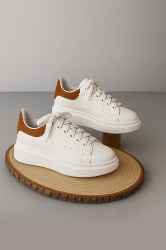 AYK-1017 Beyaza Taba Detaylı Yüksek Taban Suni Deri Muadil Snekaer 