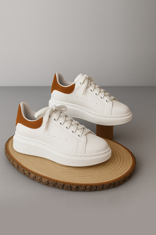 AYK-1017 Beyaza Taba Detaylı Yüksek Taban Suni Deri Muadil Snekaer - 1