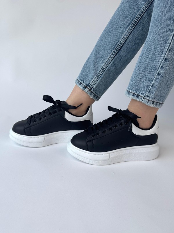 AYK-1017 Siyaha Beyaz Yüksek Taban Suni Deri Muadil Snekaer - 1