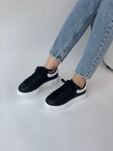 AYK-1017 Siyaha Beyaz Yüksek Taban Suni Deri Muadil Snekaer - 3