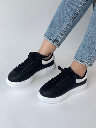 AYK-1017 Siyaha Beyaz Yüksek Taban Suni Deri Muadil Snekaer - 4