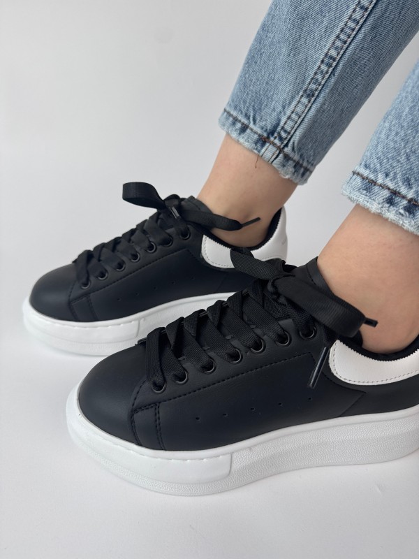 AYK-1017 Siyaha Beyaz Yüksek Taban Suni Deri Muadil Snekaer - 2