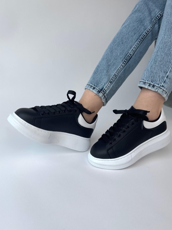 AYK-1017 Siyaha Beyaz Yüksek Taban Suni Deri Muadil Snekaer - 5