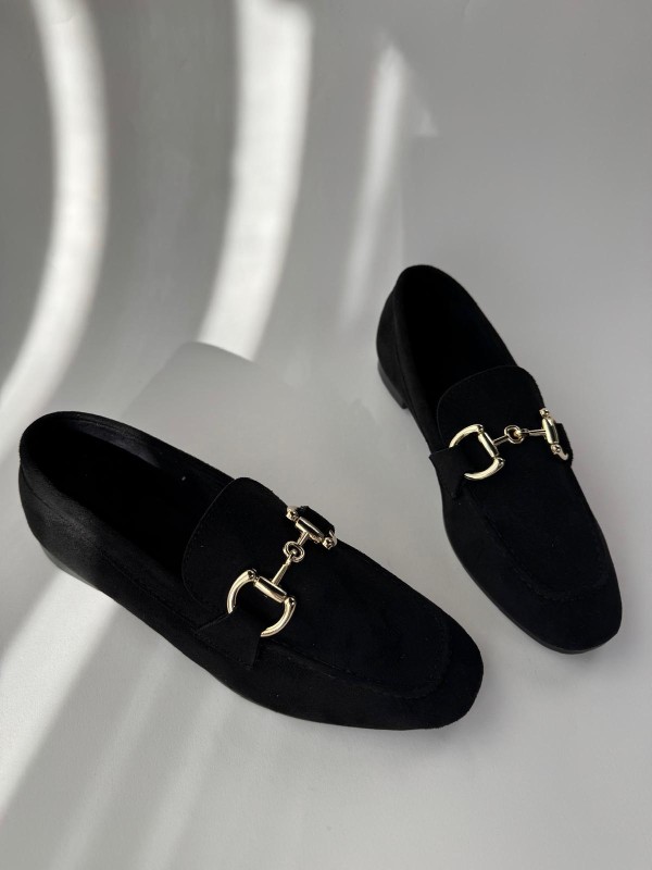 AYK-1018 Siyah Gold Tokalı Süet Babet - 1