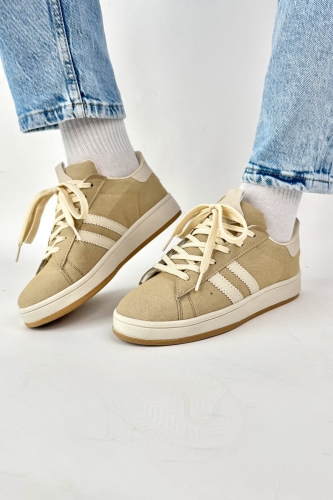 AYK-1019 Bej Rengi Süet Şeritli Muadil Sneaker - Cappmoda