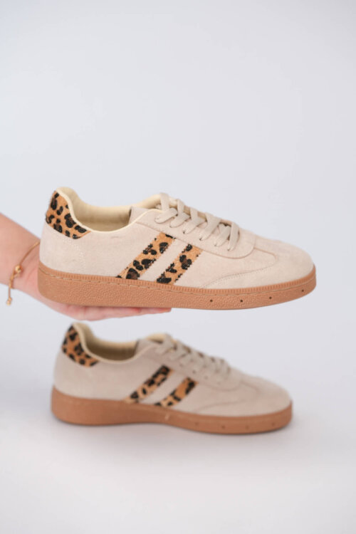 AYK-1025 Bej Leopar Şerit Detaylı Sneaker - 2