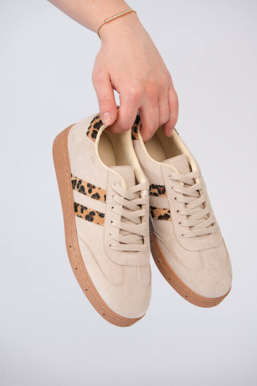 AYK-1025 Bej Leopar Şerit Detaylı Sneaker - 1