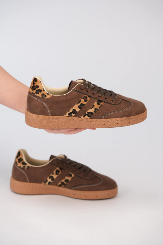 AYK-1025 Kahverengi Leopar Şerit Detaylı Sneaker - 2