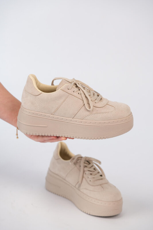 AYK-1027 Krem Yüksek Platform Süet Sneaker  - 2