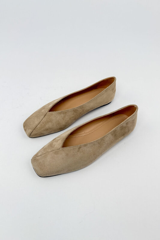 BBT-152 Bej Süet Küt Burun Dikiş Detaylı Babet - 2