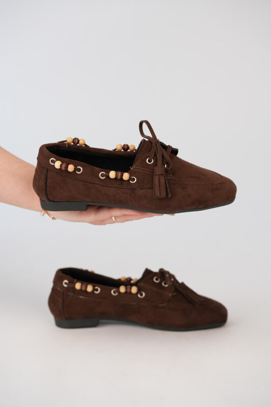 BBT-155 Acı Kahve Boncuk ve Püskül Detaylı Bohem Süet Babet - 1