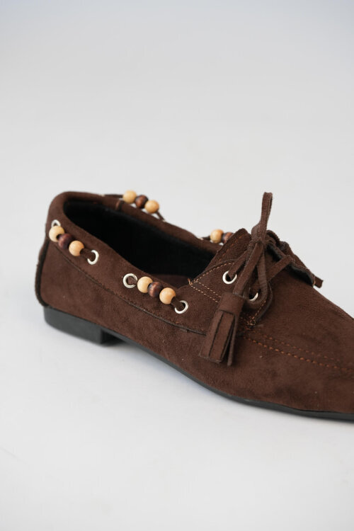 BBT-155 Acı Kahve Boncuk ve Püskül Detaylı Bohem Süet Babet - 2