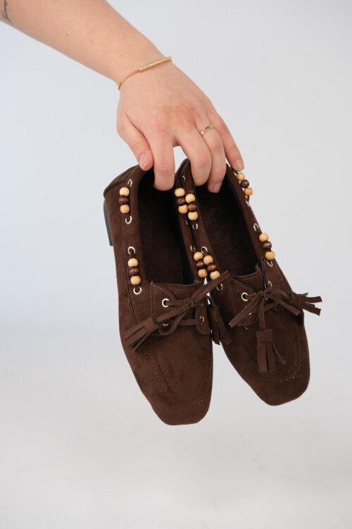 BBT-155 Acı Kahve Boncuk ve Püskül Detaylı Bohem Süet Babet - 3