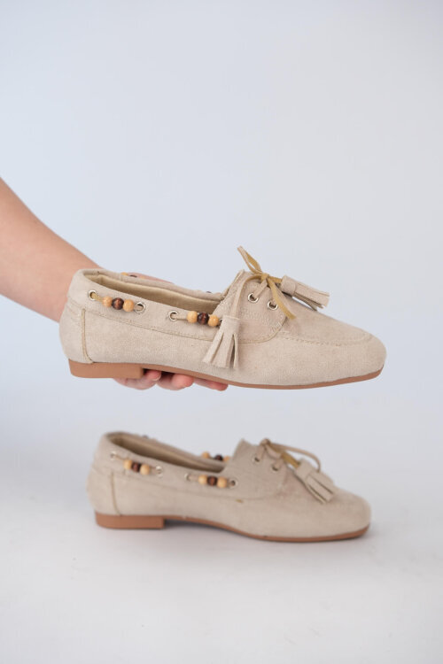 BBT-155 Bej Boncuk ve Püskül Detaylı Bohem Süet Babet 