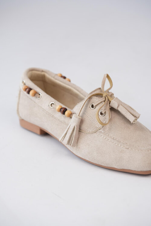 BBT-155 Bej Boncuk ve Püskül Detaylı Bohem Süet Babet - 2