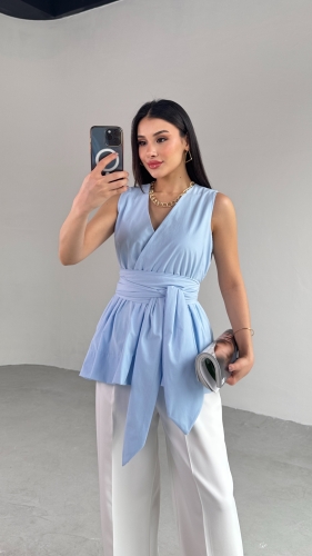BLZ-06277 Bebe Mavi Bel Fiyonk Bağlamalı V Yaka Bluz - 3