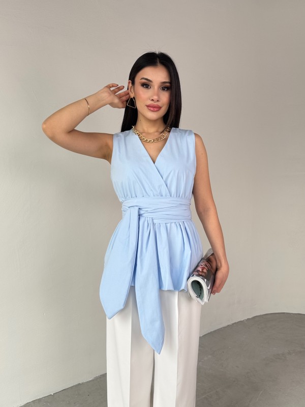 BLZ-06277 Bebe Mavi Bel Fiyonk Bağlamalı V Yaka Bluz - 4
