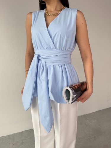 BLZ-06277 Bebe Mavi Bel Fiyonk Bağlamalı V Yaka Bluz - 2