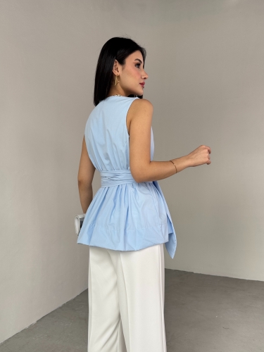 BLZ-06277 Bebe Mavi Bel Fiyonk Bağlamalı V Yaka Bluz - 5
