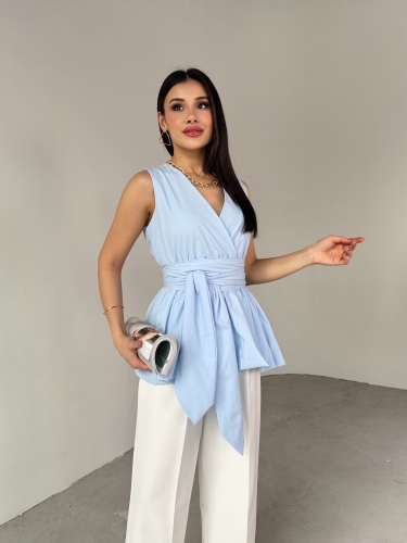 BLZ-06277 Bebe Mavi Bel Fiyonk Bağlamalı V Yaka Bluz - 6