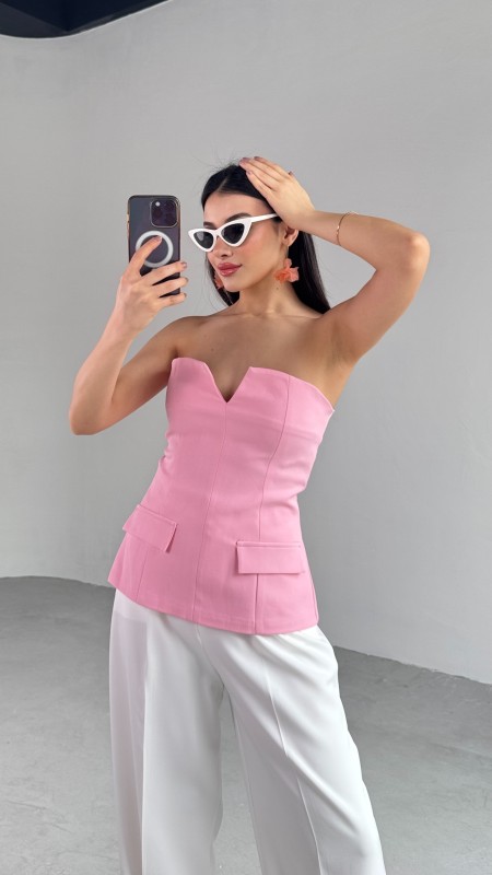 BLZ-06278 Pembe V Dekolte Straplez Büstiyer Bluz - 1