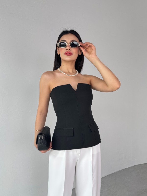 BLZ-06278 Siyah V Dekolte Straplez Büstiyer Bluz - 1