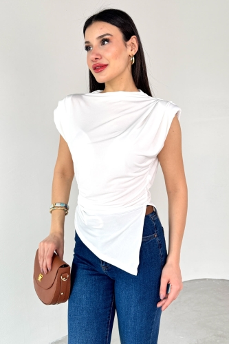 BLZ-06282 Beyaz Vatkalı Yan Yırtmaçlı Asimetrik Kesim Bluz - 5