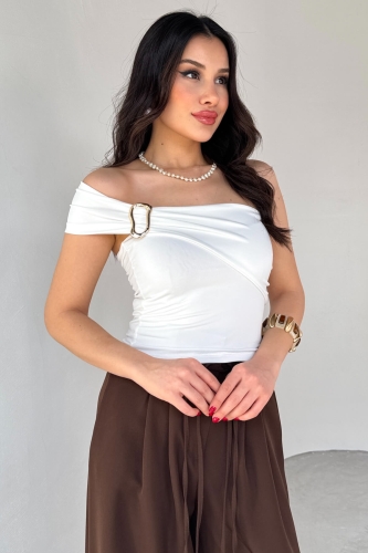 BLZ-06283 Beyaz Gold Toka Detaylı Yan Büzgülü Straplez Bluz - 4