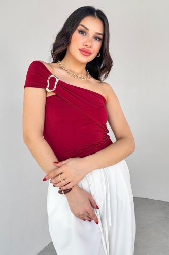BLZ-06283 Bordo Gold Toka Detaylı Yan Büzgülü Straplez Bluz - 5