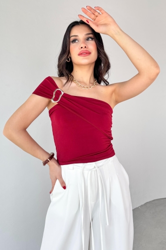 BLZ-06283 Bordo Gold Toka Detaylı Yan Büzgülü Straplez Bluz - 2