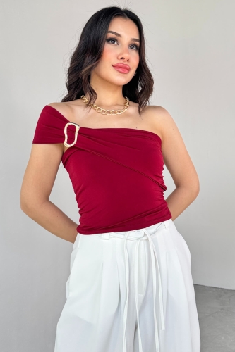 BLZ-06283 Bordo Gold Toka Detaylı Yan Büzgülü Straplez Bluz - 6